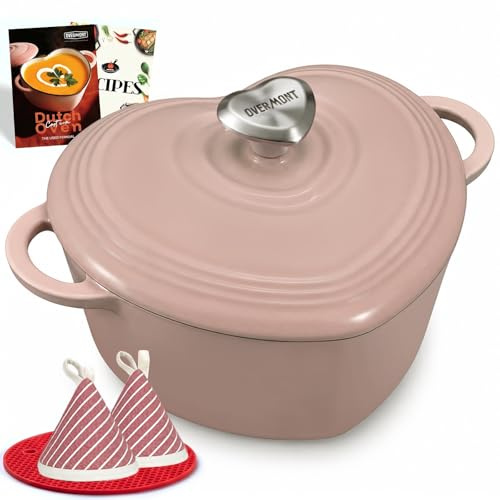 OVERMONT Cocotte Cœur à Mijoter en Fonte Émaillée, 1,9 L, Rose Ballet | Avec couvercle et livre de recettes; idéale pour cuire, mijoter et rôtir; cadeau élégant pour mariage et fêtes.