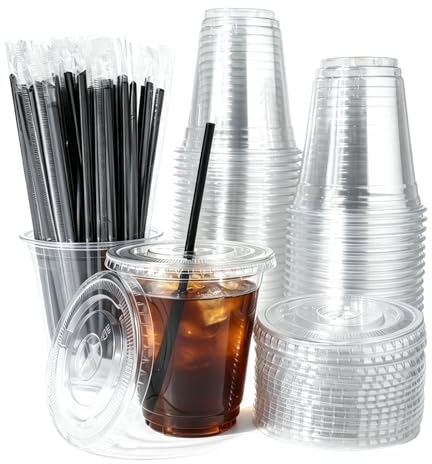 Lekeeu 50 Piezas Vasos de Plástico Transparente con Tapa y Pajitas 400ml Vaso Reutilizable de Plástico para Café para Café Elegantes Tazas para Café Helado Batidos Bebidas Frías Fiestas Catering