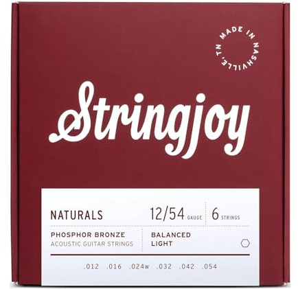 Stringjoy Naturals 12-54 Balanced Light Gauge guitar strings – Phosphor Bronze Acoustic Guitar Strings - Balanced Tension & Optimal Tone for Lead, Rhythm, or Fingerstyle, Acoustic 6 String Set, 1-Pack
