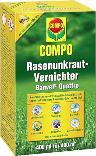 COMPO Rasenunkraut-Vernichter Banvel Quattro, Bekämpfung von schwerbekämpfbaren Unkräutern im Rasen, Konzentrat, 400 ml (400 m²)