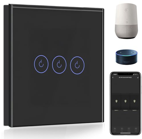 BSEED Smart Light Switch,Compatible with Alexa and Google Home,3 Gang 1 Way WiFi Touch Switch,2 Way or Multi-Way Control by SmartLife APP,Black Alexa Switch with LED Indicator Light-Neutral Wire Need