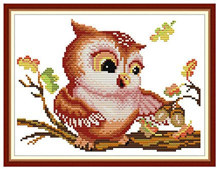 WOWDECOR Kreuzstich-Stickerei-Set für Erwachsene und Kinder, Eule, Babytiere, 11 Ct, geprägt DIY DMC Nadelarbeit für Anfänger