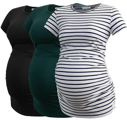 Smallshow Damen Umstandsmode Tops Seitlich Geraffte Schwangerschafts Umstandstop 3er Pack Black-Deep Green-White Stripe L