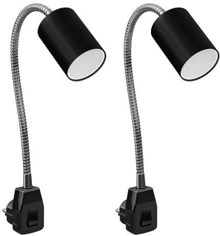 ledscom.de 2x GU10 Steckdosenlampe WAIKA Schwanenhals, Schalter, schwarz inkl. GU10 LED 3-Stufen dimmbar weiß