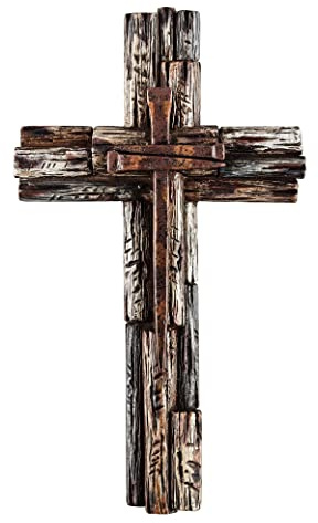 Eagrafts Rustic Decorative Layered Wood Like Resin Wall Cross With Faux Iron Nails, Home Wall Decor