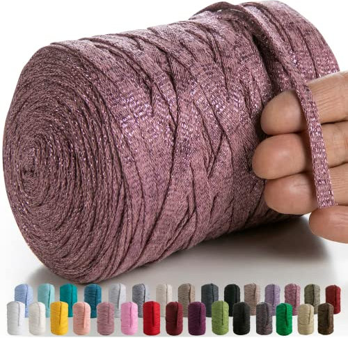 MeriWoolArt® Makramee Textilgarn zum Häkeln und Stricken - DIY glitzern flache T-Shirt Band Garn Dicke 10 mm, 125 m - Recyceltes Baumwollgarn mit Lurex, Viscose (Lurex Pflaume)