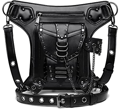 Valentoria Gothic-Gürteltasche, Leder, Steampunk-Tasche, Geldbörse, Kette, Beintasche, Crossbody, Schultertasche, Kuriertasche, Hüfttasche, Schwarz 095, Large