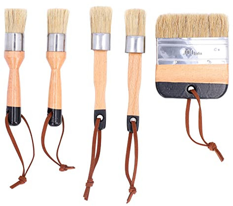 Chalk Paint Wax Brush Set,5 Pieces Natural Bristles Wooden Handle DIY Painting and Waxing Brushes for Art Craft Wood Furniture Home Decoration Waxing Painting Projects, Chalk and Wax Paint Brushes