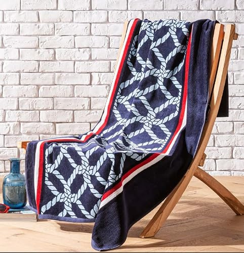 Tommy Hilfiger - Drap de Plage, Navy, Éponge Velours, 450 g/m², 100% Coton, Motif Cordage, Doux et Absorbant, 90x180 cm