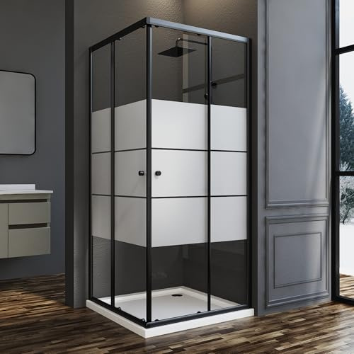 Duschkabine 75x90cm Eckeinstieg Schwarz Schiebetür, Goezes Eckeinstieg Gestreift Duschabtrennung mit Schiebetüren Duschwand Schiebetür mit 6mm ESG Sicherheitsglas Höhe 185cm