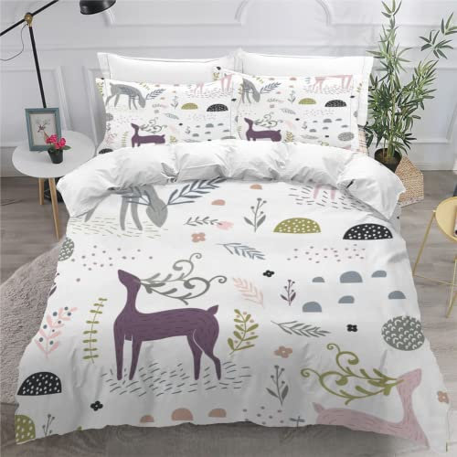 Bettbezug 3D Druck Mikrofaser 135x200 Elch Kuschelig Bettwäsche Sets Jungen Und Kinder Mädchen 3 Teilig Cartoon-Tiere Mit Reißverschluss Und 2 Kissenbezug 80x80