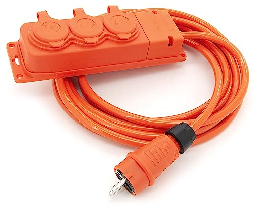 KOOP Elektro 2m Verlängerungskabel mit 3 schuko steckdosen für den aussenbereich IP44 H07BQ-F 3G 2,5mm² verlängerung mit 3 schutzkontakt buchsen 3-Fach Outdoor verteiler 2 Meter orange