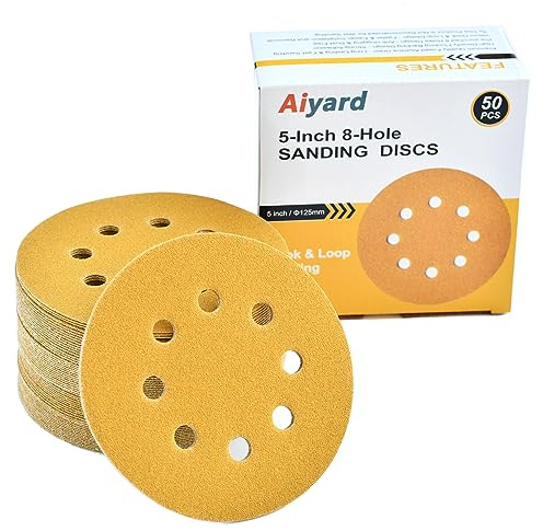 Aiyard 5-Inch 8-Hole Hook and Loop Sanding Discs 120-Grit Random Orbit Sandpaper, 50-Pack