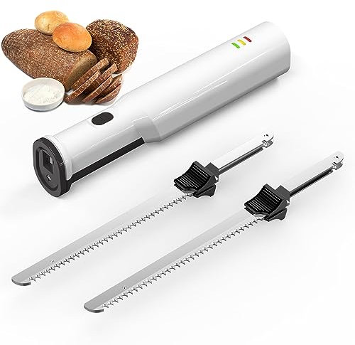 Effortlessly Carve and Slice with Precision - Cordless Electric Meat Carving Knife with 2 Serrated 8” Stainless Steel Blades, Safety Lock Trigger Release - Ideal for Meats, Poultry, and Bread