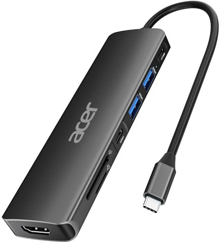 Acer USB C Hub, 7 in 1 USB C to HDMI Dock, 2 USB 3.1 GEN1 and 5Gbps Type-C Data Port, 4K HDMI Port, PD 100W Charging, SD Card Reader, for iPad Pro MacBook Pro Acer Laptops and More (Black)