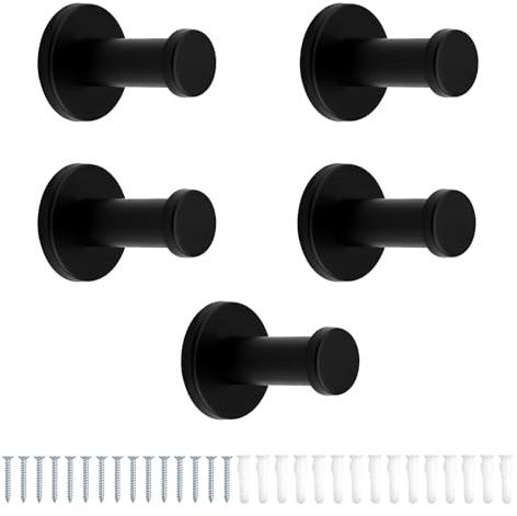 JANDH Handtuchhaken Schwarz, 5 Stück Garderobenhaken Schwarz matt 53mm, Handtuchhaken zum Bohren, Badezimmerhaken mit Schrauben und Expansionsrohr, Geeignet für Küche, Bad und Schlafzimmer