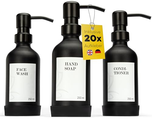 DELUXXOO® Pumpflaschen Set aus Glas - 3er Set in Schwarz - Nachfüllbare Seifenspender, Schamoo- & Duschgelspender - 250ml - Stilvolle Glasflasche für Bad, Küche & Gäste-WC