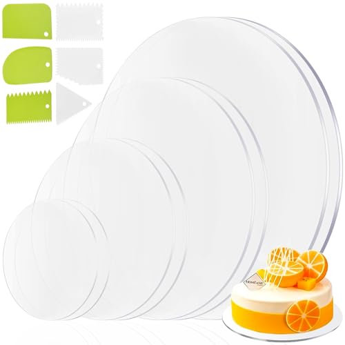 YOUNGSAY 8 Stück Tortenunterlage Rund Acryl, Transparente Tortenunterlage Acryl mit 6 Kuchenschaber, 10/15/20/25 cm Nicht Klebend Kuchenplatte, Zum Servieren von Kuchen