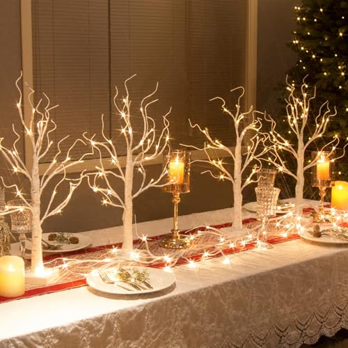 Vanthylit Set of 4 White Christmas Tree with Lights 2FT Tabletop Birch Tree with 24 Warm White LEDs Battery Operated Light up Twig Tree for Christmas Home Party Wedding Easter Decoration