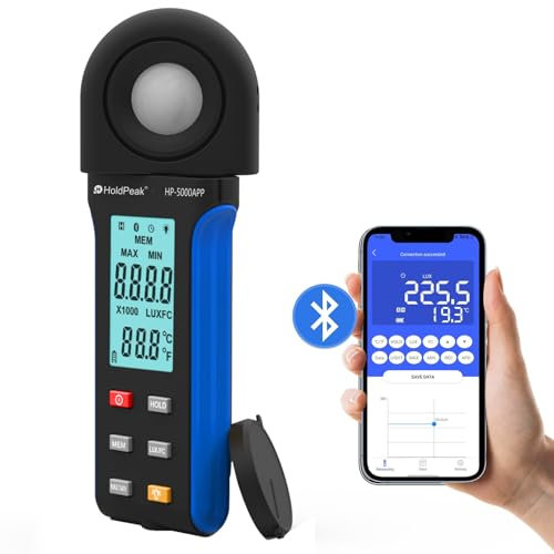H HOLDPEAK Digitales Luxmeter, Tester für Messung von Luminosit 400.000 Lux 5000 App, Lichtmessgeräte, tragbares digitales Belichtungsmesser, für LED-Licht / Pflanzen, drehbar um 270 Grad, APP Betrieb