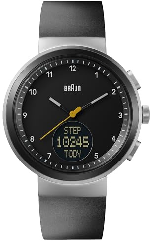 Braun Reloj analógico de Cuarzo con Pantalla Digital con Calendario y número de Pasos, Esfera Negra y Correa de Goma de Silicona Negra, Caja de Acero Inoxidable de 45 mm, Modelo BN0299NBKBKG, Negro