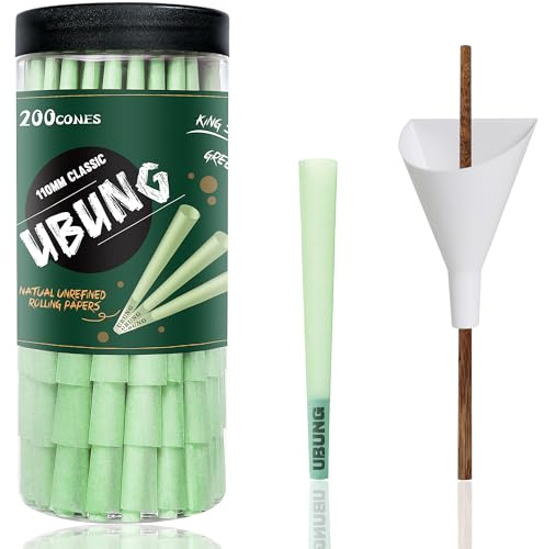 UBUNG Green Cones 200 Pcs, Classic King Size Green Slow Burning Pre Rolled Cones With Tips, Green Rolling Papers Cones, 1 Cone Loader Funnel and 1 Push Rod Included