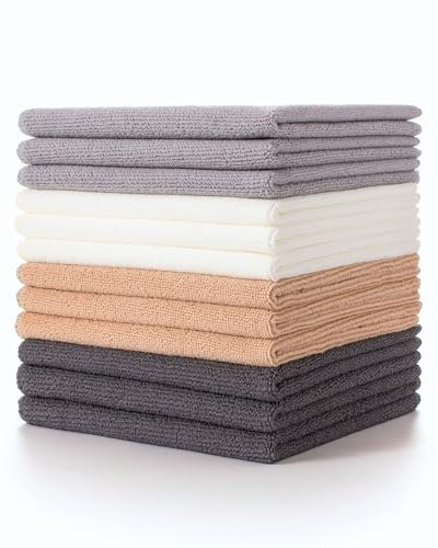 Lumimi Cleaning Cloth 12 Piece Microfiber Ultrafine Very Thick Wiping Drying Well Durable Reusable Multicolored Size 15 x 15 Beige White Light Grey, Pack of 12