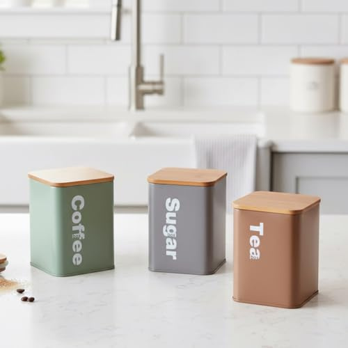 Almineez Retro Set of 3 Stainless Steel Tea Coffee Sugar Jar Canisters Kitchen Container Tins Storage Organiser Set With Bamboo Air Tight Lids Vintage Design (Multi Colour)
