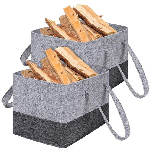 SPORWAY Lot de 2 sacs en feutre pliables - Grand sac de transport - Panier à bûches portable - Panier en feutre pour bois de chauffage, bois, journaux ou courses - 38 x 25 x 25 cm