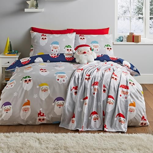 Catherine Lansfield Christmas Santa Spec-Tacular Reversible Double Duvet Cover Set with Pillowcase Grey