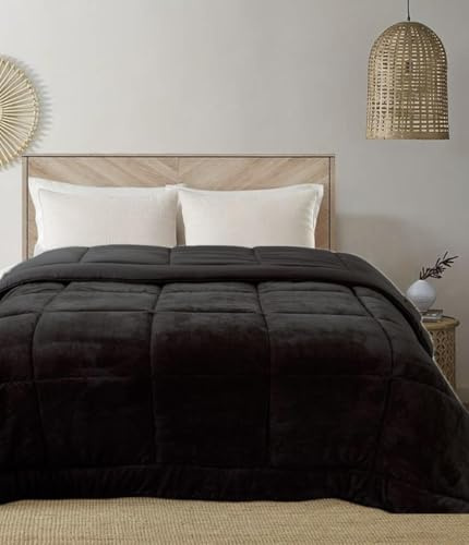 Trapunta Invernale Matrimoniale Imbottita in Morbida Microfibra da 540 gr/mq Tessuto Vellutato Piumino Caldo ad Effetto Flanellato Coperta Letto Invernale Misura 260x260 cm Mod. Velvet Colore Nero
