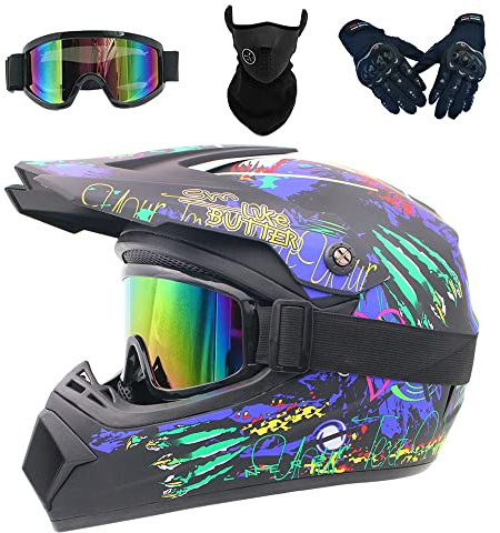 Full Face MTB Helmet, with Goggles Mask Gloves, Motocross Helmet, Adult Motorcycle Crash Helmet for Dirt Bike MX Quad Downhill Enduro Racing(Blue,S(52-53cm))