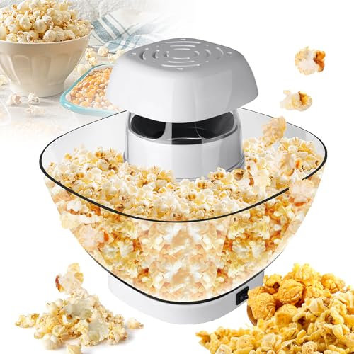 Automatic Popcorn Maker, 1200W Electric Hot Air Popcorn Maker 1L, Healthy Oil Free, Even Heating, 2 Min Fast Making, Stainless Steel Inner Pot, One Touch Popcorn Machine for Kids Home Party