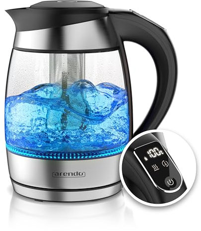Arendo- Bouilloire en verre 1,8 litre avec filtre à thé, 2200 W, En acier inoxydable brossé, Plage de température de 40 °C à 100 °C, Fonction de maintien au chaud, Éclairage LED
