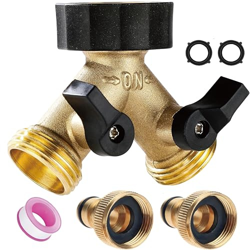 Hose Splitter 2 Way, 2-Way Tap Connector with Individual On/Off and Two Quick Connector, 3/4 Tap Y-Shaped Brass Hose Connector,Garden Hose Fittings,Connectors and Fittings