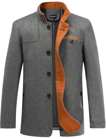 Allthemen Mens Winter Trench Coat Stand Collar Warm Wool Blend Casual Patchwork Outwear Button Down Peacoat