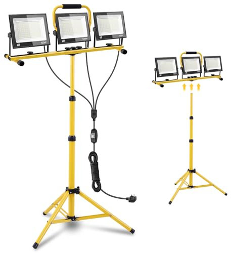 LED Work Light 300W with Tripod, Triple Heads LED Floodlight 30000LM 6500K, IP66 Waterproof Work Lights with Telescopic Tripod, Plug 3 m Cable, 360° Rotation for Workshop, Construction Site, Garage