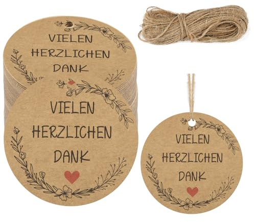 100 Stück VIELEN HERZLICHEN DANK Geschenkanhänger, 5.5cm Runden Danke Karten Anhänger, Dankeschön Geschenke Kraftpapier Anhänger mit Schnur 20m, Etiketten Anhänger für Hochzeiten, Feste, DIY Geschenke