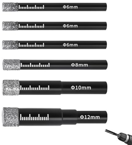 6 PCS Dry Diamond Drill Bits Set, 6mm to 12mm Drill Bit for Granite Marble Porcelain Ceramic Tile Glass Stone, Dry Drilling with Wax Core Round Shank for Hand Drill Bench Drill Angle Grinder