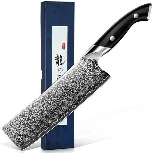 DRAGON RIOT Japanese Nakiri Knife, Damascus VG10 Meat and Vegetable Cleaver Knife, Ergonomic Wooden Handle, Elegant Gift Box for Men and Women