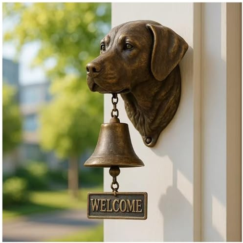 JSvsza Vintage Hunde Türglocke, Lebensechte Hundeskulptur mit Messing Dinner Bell, Rustikale Wandmontierte Willkommensglocke für Haustür Gartentor Ladeneingang Terrasse Veranda Außen Dekor Wetterfest