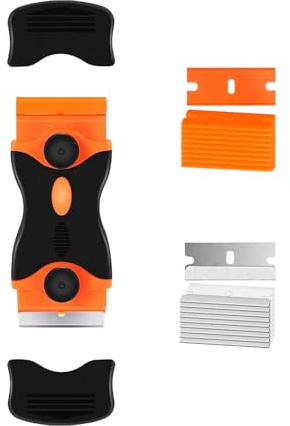 Maltvie Orange Double-Ended Glass Cleaning Tool with 20 Refill Inserts | 10 Metal and 10 Plastic Inserts, Tool-Free Change, Protective End Covers, For Labels and Residue