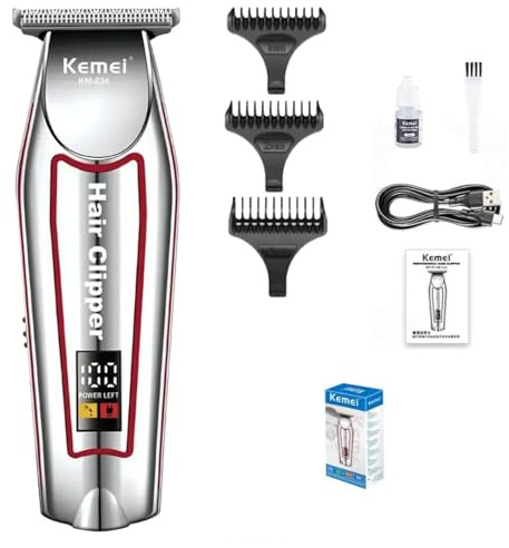 Kemei Tondeuse Cheveux barbe corps Professionnelle, Écran LCD, Rechargeable USB, Kit de Coiffure avec 3 Guides de Coupe, Argent et Rouge