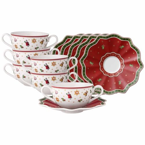 Villeroy & Boch Toy's Delight Suppentassen mit Untertassen 6er Set, 250 ml, Weihnachtliches Suppengeschirr, Premium Porzellan, Zackiger Rand, Rot