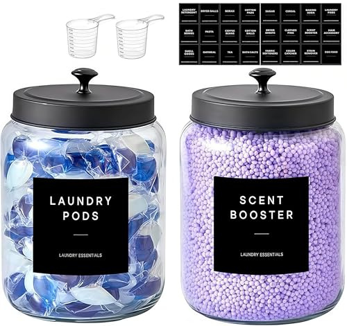 BIKALAN Waschmittel Pods Aufbewahrung Glas, 2L Waschpulver Glasbehälter Vorratsdosen mit Edelstahl Deckel Luftdicht und 26 Aufkleber, Mehl behälter, Pasta Vorratsgläser (2000ml-Schwarz*2)