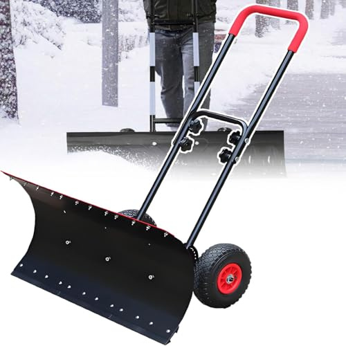 Robuste manuelle Schneeschaufel mit Rädern, rollbarer Schneeschieber aus Kohlenstoffstahl mit 5-Fach verstellbarem Griff und 360° verstellbarem Schaufelkopf, zur Eisbeseitigung auf Einfahrten