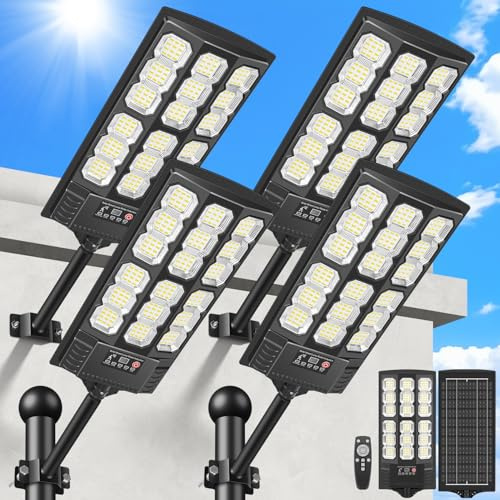 BlueYu Lampadaire Solaire Extérieur 4 Unité, 800W Projecteur LED Solaire IP65 Étanche Spot Solaire Extérieur 6500K, Détecteur de Mouvement avec Télécommande pour routes, parkings, cours, Rue, Parking