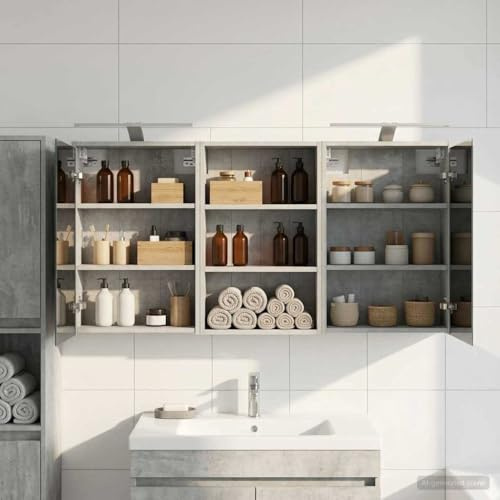 GeenYuu Set di mobili da bagno in legno con illuminazione a LED, 126 x 16 x 62,5 cm, 3 pezzi, montato a parete, con specchio bidirezionale e spazio per mobili da bagno, lavandino, cassetto, scaffale