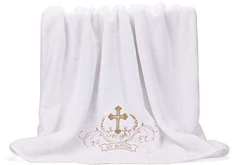 My Baptism Baby Christening Dedication White Blanket with Embroidered Cross Premium Soft Warm Cozy Coral Fleece Toddler, Infant or Newborn Receiving Blanket