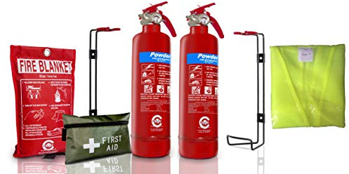 Gas Safe Engineers FIRE Safety Pack - Full. 2 X 1 KG ABC Dry Powder Portable Fire Extinguisher (BSi KITEMARKED) + 1ST AID KIT + HI VIZ Reflective Vest + 1 M X 1 M Fire Blanket